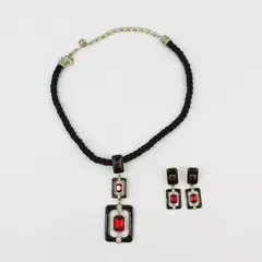 Heidi Daus Art Deco Red Clear Rhinestone Black Enamel Necklace Earrings Set
