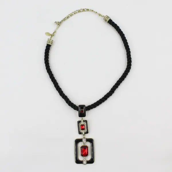 Heidi Daus Art Deco Red Clear Rhinestone Black Enamel Necklace Earrings Set