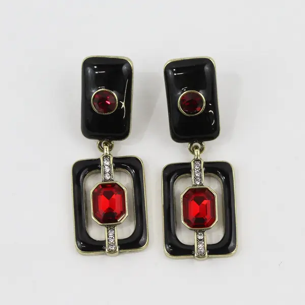 Heidi Daus Art Deco Red Clear Rhinestone Black Enamel Necklace Earrings Set