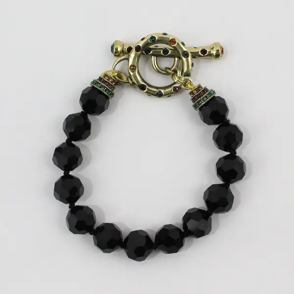Heidi Daus Black Faceted Stone Beaded Gold-Tone Bracelet 8.5"