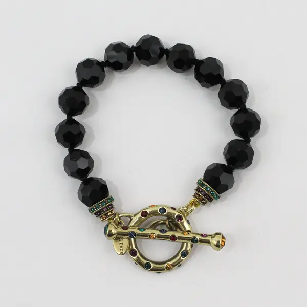 Heidi Daus Black Faceted Stone Beaded Gold-Tone Bracelet 8.5"