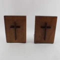 Vintage Wooden Cross Bookends Set of 2 Decorative Shelf Decor FLAWED