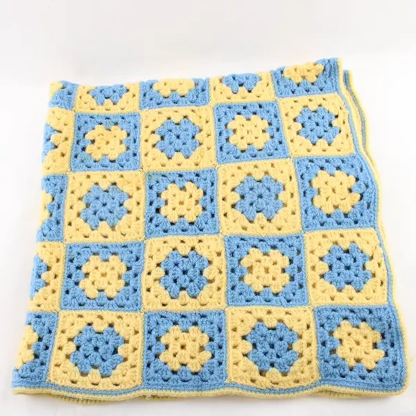 Handmade Crocheted Granny Square Blanket Yellow Blue 34" x 34" Throw