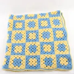 Handmade Crocheted Granny Square Blanket Yellow Blue 34" x 34" Throw