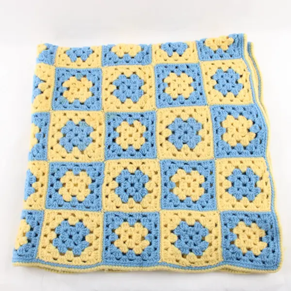 Handmade Crocheted Granny Square Blanket Yellow Blue 34" x 34" Throw