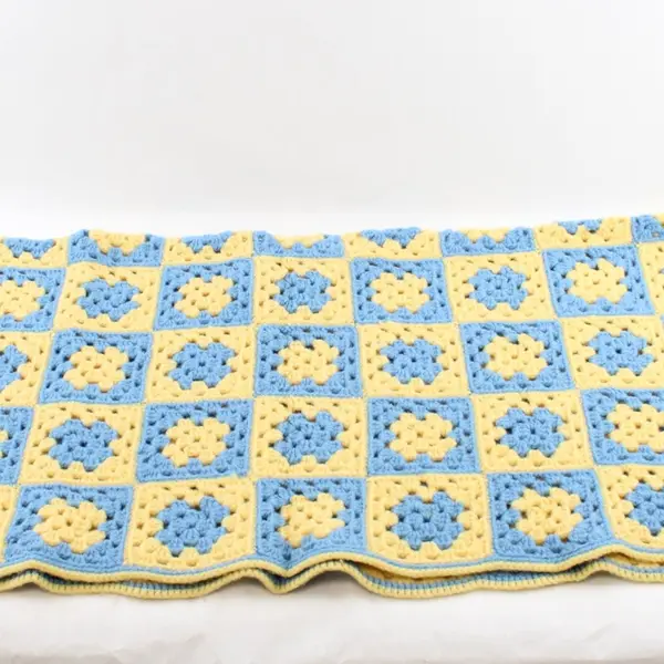 Handmade Crocheted Granny Square Blanket Yellow Blue 34" x 34" Throw