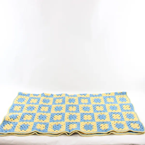 Handmade Crocheted Granny Square Blanket Yellow Blue 34" x 34" Throw
