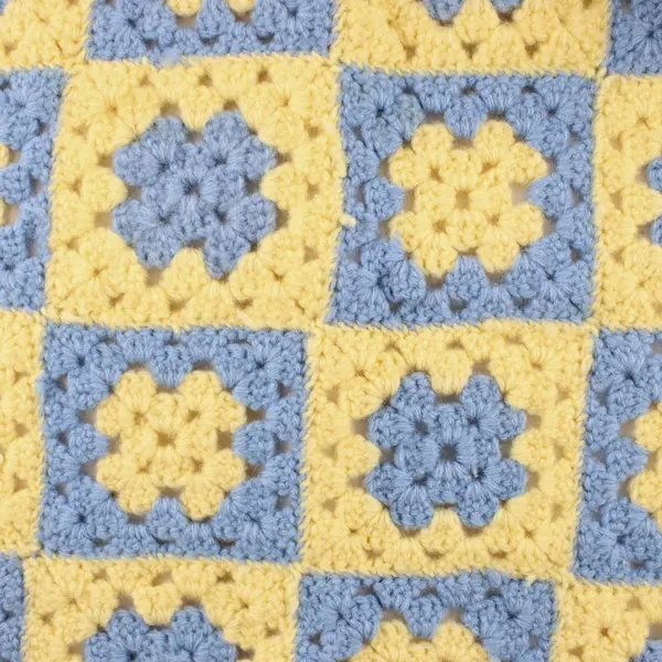 Handmade Crocheted Granny Square Blanket Yellow Blue 34" x 34" Throw