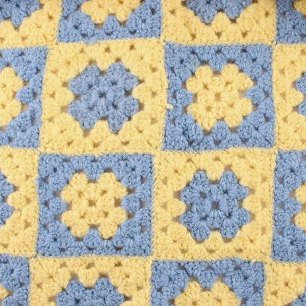 Handmade Crocheted Granny Square Blanket Yellow Blue 34" x 34" Throw