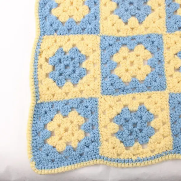 Handmade Crocheted Granny Square Blanket Yellow Blue 34" x 34" Throw