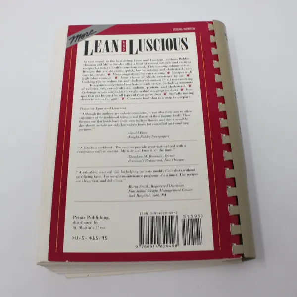 More Lean & Luscious Cookbook 1988 Spiral Bound Bobbie Hinman Millie Snyder