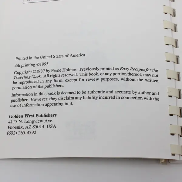 Easy RV Recipes Ferne Holmes 1995 4th Printing 1987 Copyright Cookbook