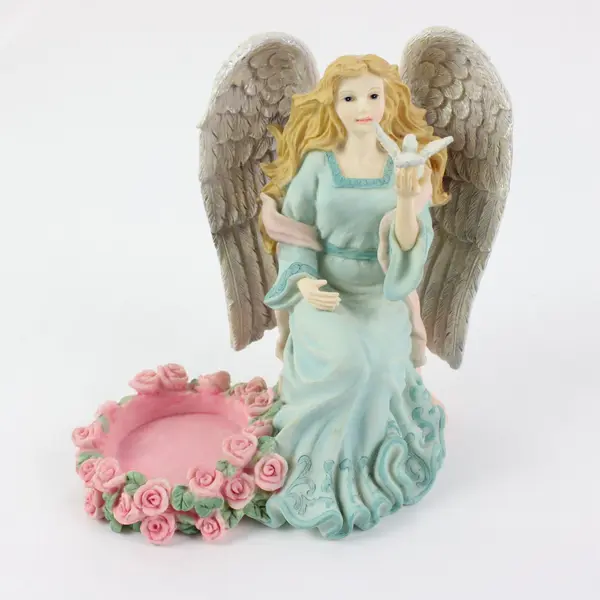 Angel Figurine Candle Holder Dove Pink Roses Religious Decor 6 Inch
