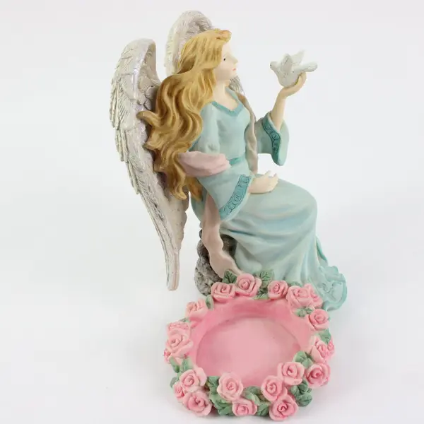 Angel Figurine Candle Holder Dove Pink Roses Religious Decor 6 Inch