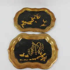 Pair Vintage Black Gold Lacquer Asian Decorative Trays 10x7