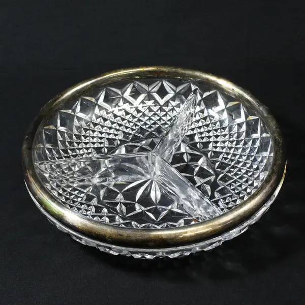 Vintage  3 Section Divided Pressed Glass Relish Dish W/ Silver Plated Rim 8.5"