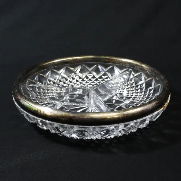 Vintage  3 Section Divided Pressed Glass Relish Dish W/ Silver Plated Rim 8.5"