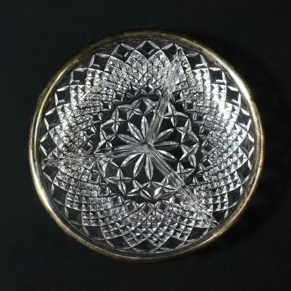 Vintage  3 Section Divided Pressed Glass Relish Dish W/ Silver Plated Rim 8.5"