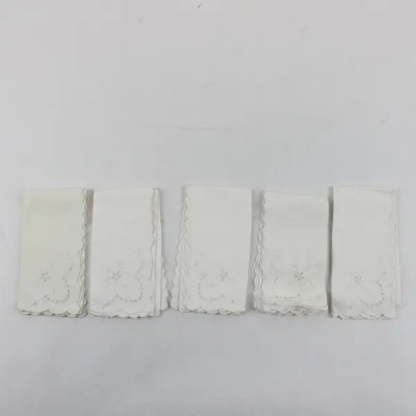 Vintage Set of 5 Floral Embroidered Cutwork White Napkins Flawed