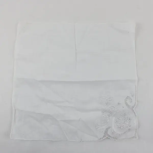 Vintage White Floral Embroidered Cutwork Handkerchief 11x11 Inches