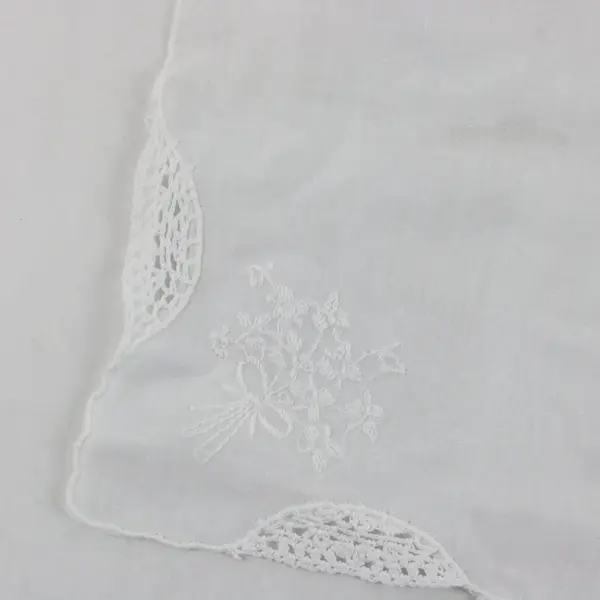Set of 2 Vintage Floral Embroidered Sheer White Handkerchiefs