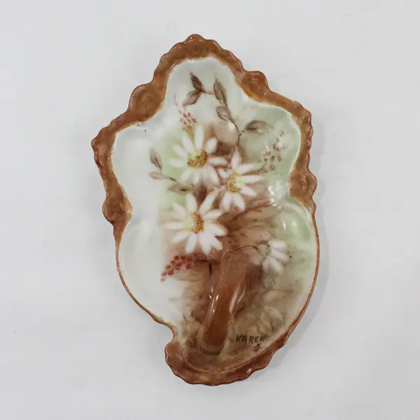Signed Karen Ceramic Floral Daisy Trinket Dish with Handle