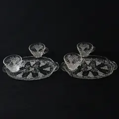Libbey Clear Glass Grape Pattern Set 3 Handled Cups 2 Matching Trays