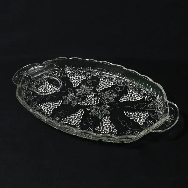 Libbey Clear Glass Grape Pattern Set 3 Handled Cups 2 Matching Trays