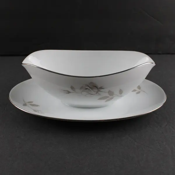 Vintage Noritake Sweet Talk Gravy Boat and Underplate with White Roses