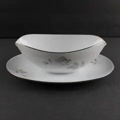 Vintage Noritake Sweet Talk Gravy Boat and Underplate with White Roses