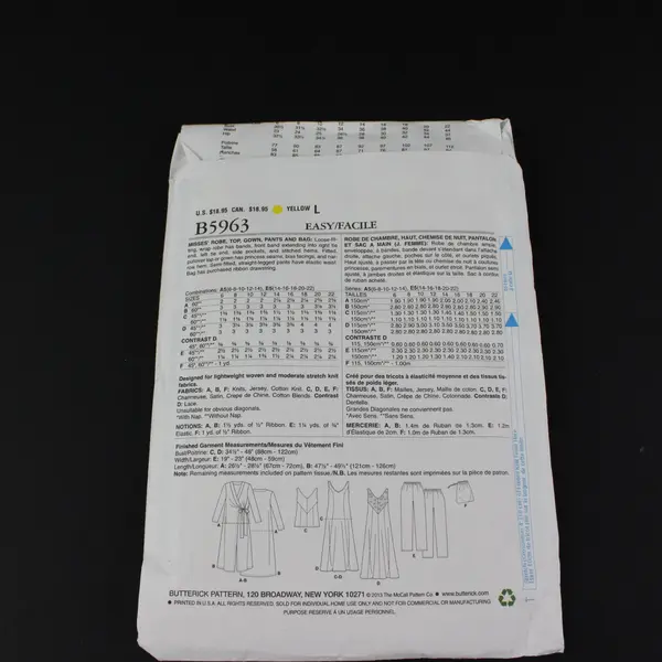 Butterick Pattern B5963 Nightgown/Top/Pants/Robe And Lingerie Bag, Size A5 Uncut