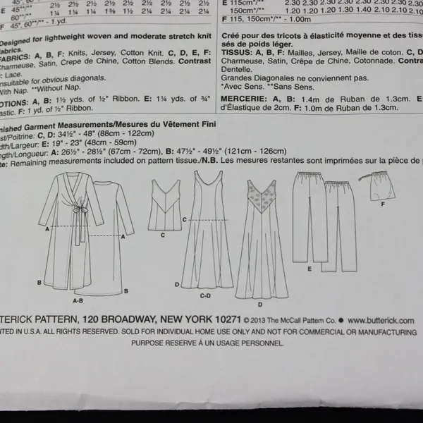 Butterick Pattern B5963 Nightgown/Top/Pants/Robe And Lingerie Bag, Size A5 Uncut