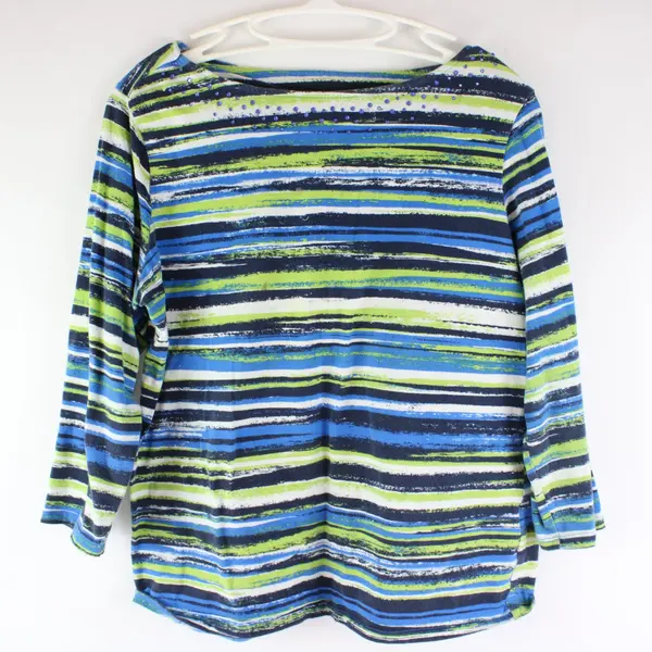 Ruby Rd Favorites Women's M Green Blue Black White Striped Tunic 3/4 Sleeve
