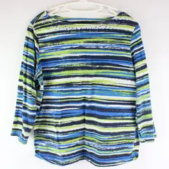 Ruby Rd Favorites Women's M Green Blue Black White Striped Tunic 3/4 Sleeve