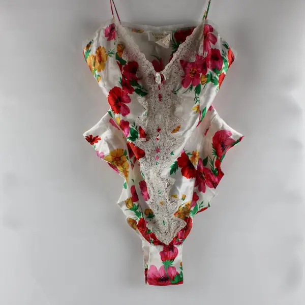 VTG Victoria's Secret Spring Floral Satin-Like Teddy Women's Small