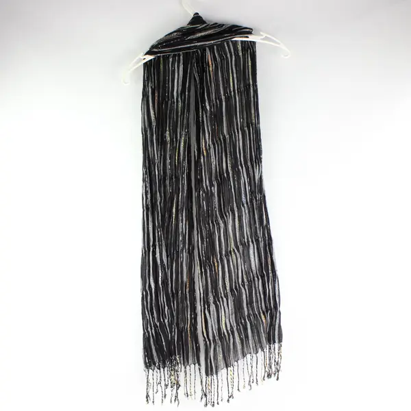 Black & White Striped Crinkle Scarf Fringe Ends w/ Silver/Orange /Yellow Accents