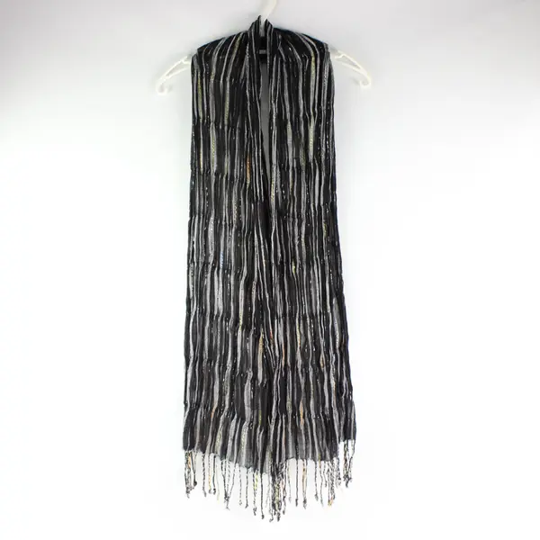 Black & White Striped Crinkle Scarf Fringe Ends w/ Silver/Orange /Yellow Accents