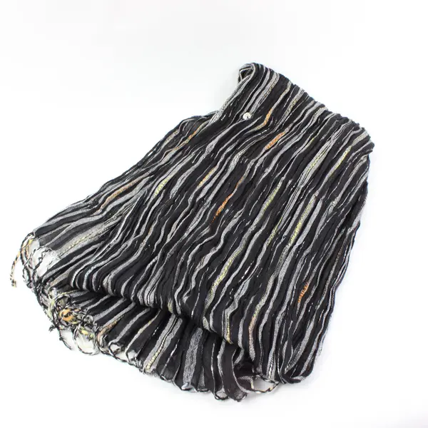 Black & White Striped Crinkle Scarf Fringe Ends w/ Silver/Orange /Yellow Accents