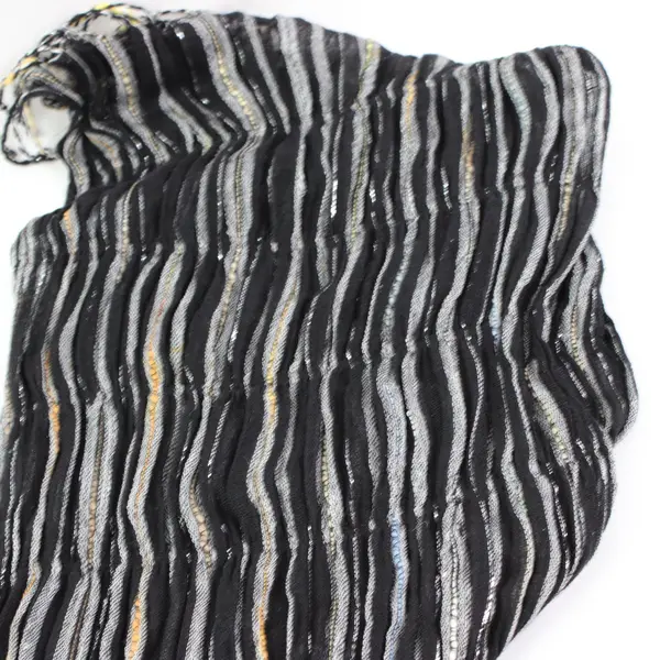 Black & White Striped Crinkle Scarf Fringe Ends w/ Silver/Orange /Yellow Accents