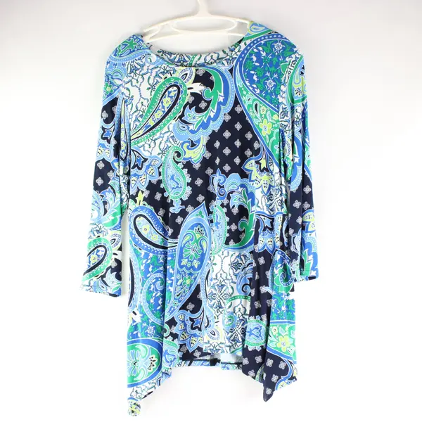 Ruby Rd Women's Blue Green White Paisley Floral Blouse Long Sleeve Small