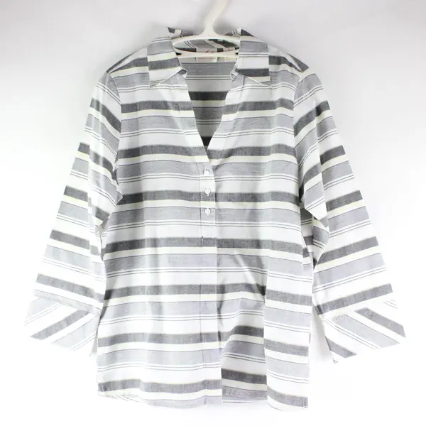 Chic Comfort Collection White Grey Yellow Striped Button Down Blouse Size Small 