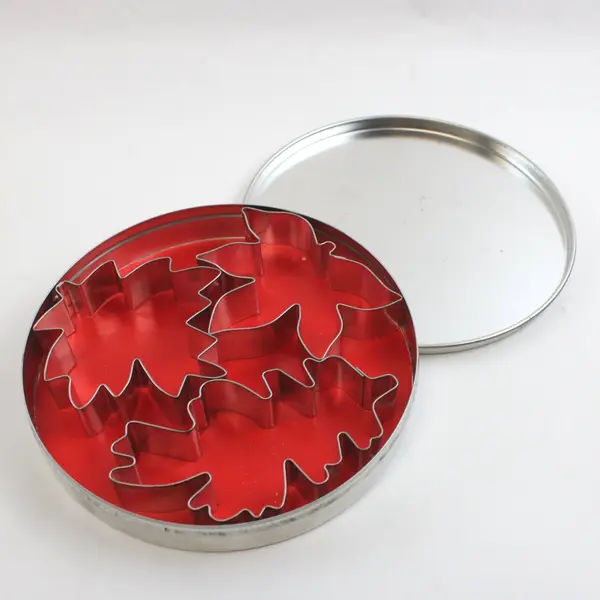 Lot of 3 Metal Leaf Cookie Cutters with Round Storage Tin