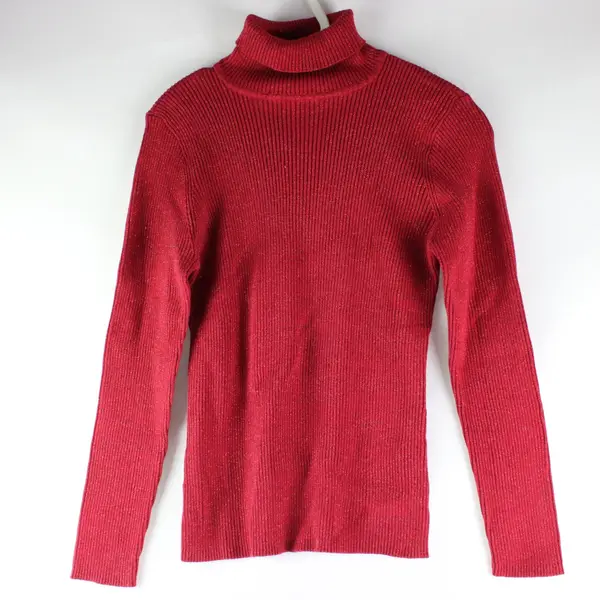 Basic Editions Sweater Large Red Glittery Turtleneck Long Sleeves Ribbed 