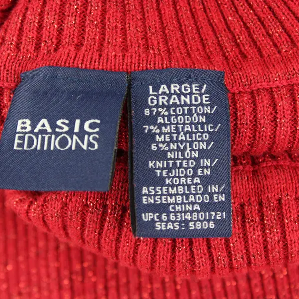 Basic Editions Sweater Large Red Glittery Turtleneck Long Sleeves Ribbed 