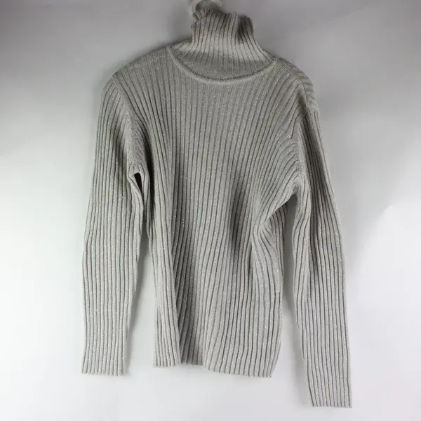 Basic Editions Sweater Large Grey Glittery Turtleneck Long Sleeve Ribbed 