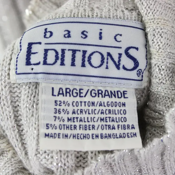 Basic Editions Sweater Large Grey Glittery Turtleneck Long Sleeve Ribbed 