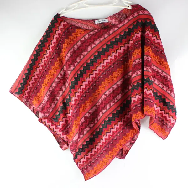 Only Nine Red Multicolor Stripe and Zigzag Pattern Knit Poncho OS 