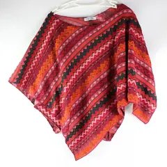Only Nine Red Multicolor Stripe and Zigzag Pattern Knit Poncho OS 