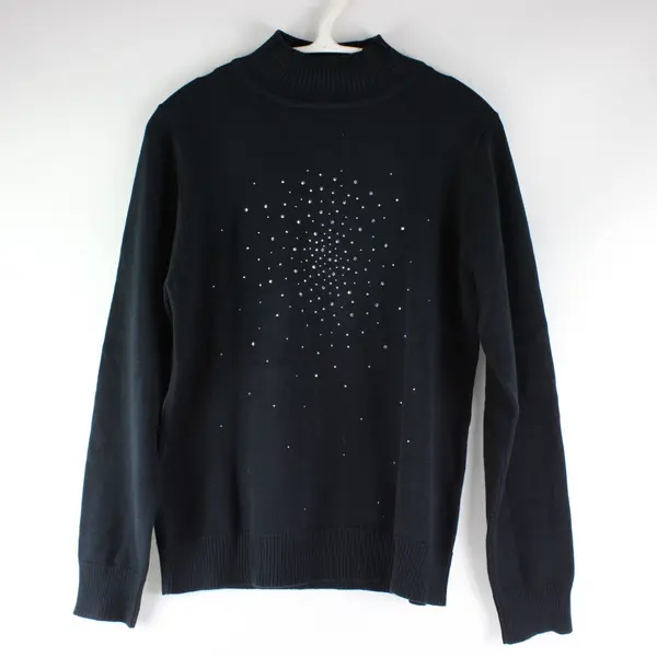 Christine Alexander Medium Black Long Sleeve Mock Neck Bedazzled Circular Design