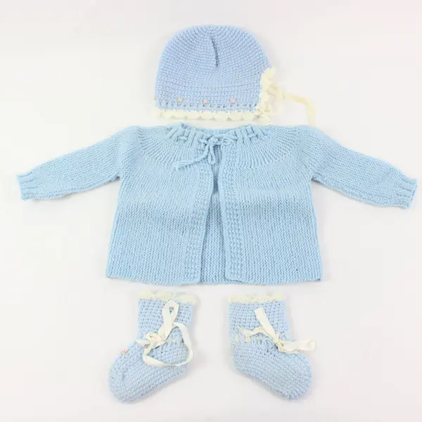 Handmade Blue White Knitted Baby Set 0-3M Jacket Hat Booties